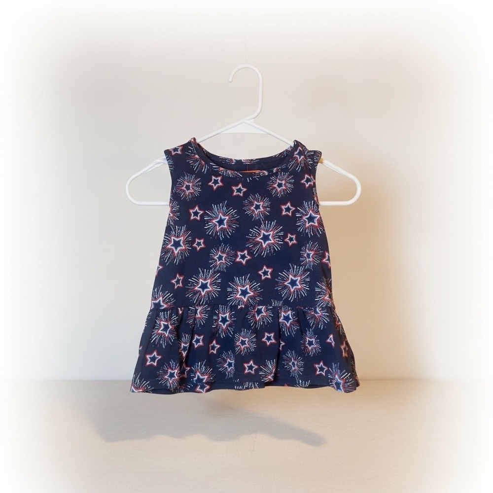 Navy Blue Fireworks Stars Sleeveless Peplum Top Kids Patriotic Summer Shirt